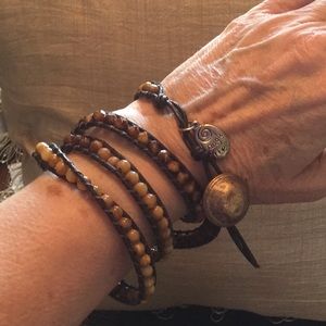 GENUINE TIGER EYE & LEATHER Multi wrap bracelet